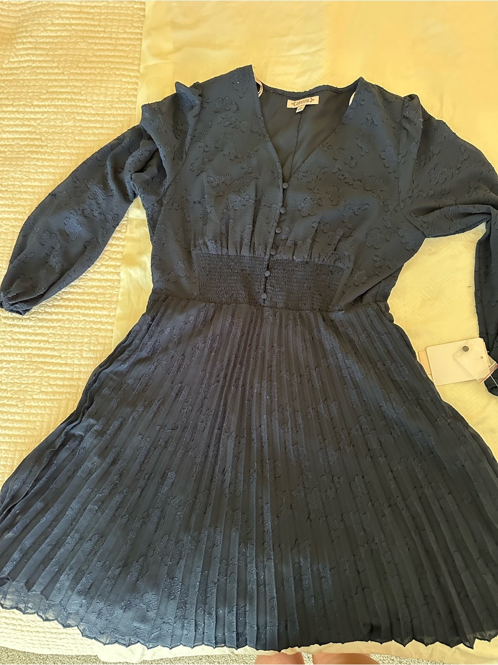 Nanette Lepore Navy Textured Pleated V-Neck Dress